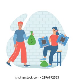 Man buys a microcircuit for big money. Global microprocessors shortage and high demand. Microprocessors and computer chips supply problems.Vector illustration, flat style.