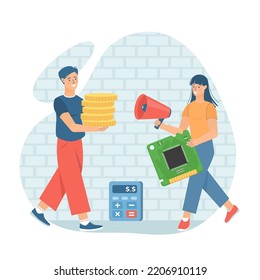 Man buys a microcircuit for big money. Global microprocessors shortage and high demand. Microprocessors and computer chips supply problems.Vector illustration, flat style.	
