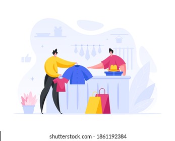 Man buys set stylish clothes in store vector concept. Happy male character holds out fashionable jacket and tshirt to seller. Market employee checks and packs elegant things in cartoon bags.