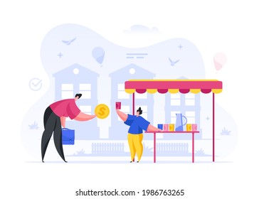 Man Buys Soda From Boy In Stall Cartoon Illustration. Male Character Holds Out Money For Refreshing Drink. Child Is Holding Glass Of Fresh Organic Juice. Cold Drink Hot Summer Vector Day.