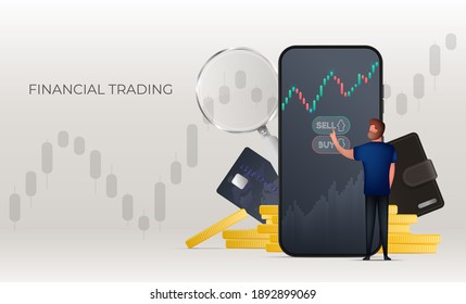 A man buys stocks or currency on the stock exchange through the phone. Stock market investment trading concept. Candlestick chart. Vector Trading banner.