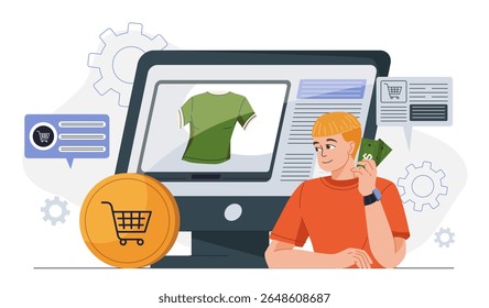 Man buys tshirt online. Young guy near computer screen with clothes. Shopping on internet and home delivery. Cashless transfers and remote payment. Flat vector illustration
