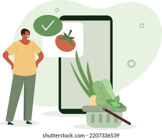 man buys vegetables online using smartphonevector illustration.