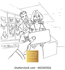 Man buys for woman a gift in jewelry store. Plastic card in his hand. Hand drawn line art cartoon vector background. Black and white illustration. Good for brochure design.