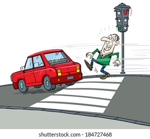 Man by the car or jaywalk.