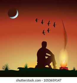 man by the fire in the evening, at sunset, under the moon, birds flying wedge. Vector Illustration