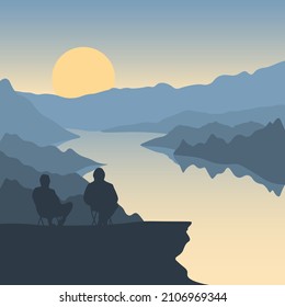 A Man By A Mountain River. A Friends Are Sitting On Top Of A Cliff And Watching The Sunrise. Adventure Landscape Background. Concept Of Travel, Friendship, Wanderlust, Trekking, Lifestyle, Tourism.