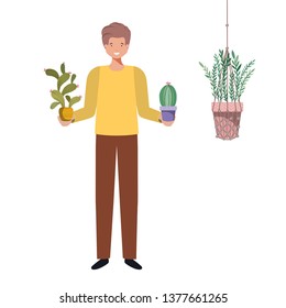 man with cactus in macrame hangers