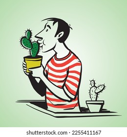 A man with cactus plant, man kissing cactus plant.