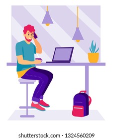 A man in a cafe with a laptop. Young man at work sitting in cafe, drinking coffee. Vector illustration of student at coffee break using laptop.