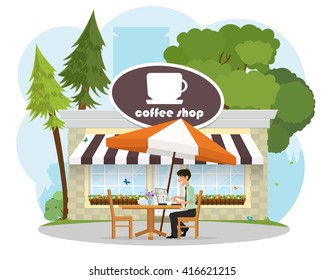 man in a cafe in the park working on a laptop. vector. summer cafe.
