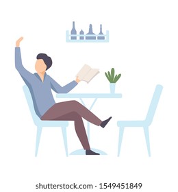 Man in the cafe raised his hand to call the waiter. Vector illustration.