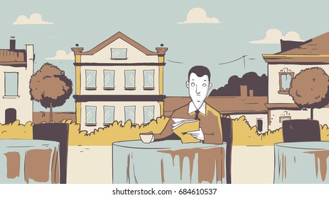 Man at a cafe restaurant outdoor. Vector handmade illustration painting art style. Architecture Background Italian concepts