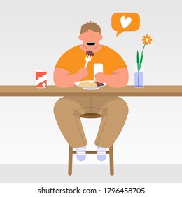 Der Mann am Café-Tisch schaut auf das Telefon und isst. Vektorflachsymbol