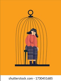 El hombre en la jaula. Desesperanza, soledad, depresión, problemas de salud mental debido al aislamiento y cuarentena, falta de comunicación. Ilustración vectorial de una mujer triste sentada en una jaula.