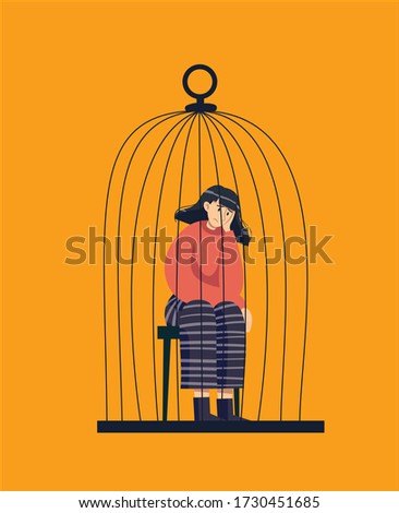 The man in the cage. Despair, loneliness, depression, mental health problems due to isolation and quarantine, lack of communication. Vector stock illustration of a sad woman sitting in a birdcage.