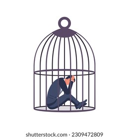 Man in a cage. Mental disorder concept. Depression and apathy. Emotional burnout. The girl is stressed. Male suffering. Vector illustration flat design. Isolated on white background.
