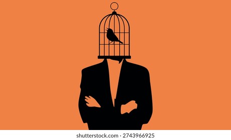 Man with a cage on his head, flat color illustration