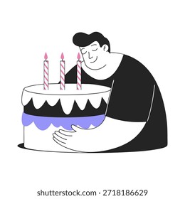 Homem com um bolo e velas acesas. Um homem sorridente segura um bolo de aniversário. Ilustração minimalista de rabiscar.