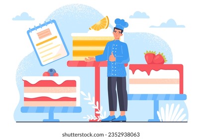 Man with cakes concept. Young guy with hat and apron near dessert and delicacy. Slices of bakery and homemade food with fruits. Cafe or restaurant menu. Cartoon flat vector illustration