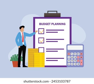 Man calculating income and expenses, making financial checklist flat vector illustration