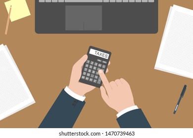 Man calculating taxes on calculator. Vector illustration.