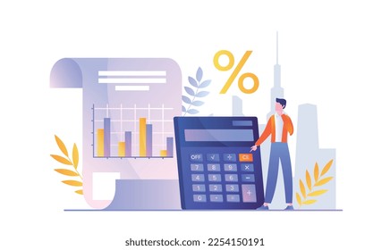 Man with calculator and credit. Character calculates interest and rent, financial literacy and budget planning, bookkeeping. Poster or banner for website. Cartoon flat vector illustration