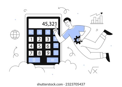 Hombre con el concepto de línea de calculadora. El tipo haciendo cálculos. Matemáticas y contabilidad. Alfabetización financiera, evaluación de costos e ingresos. Multiplicación, menos y más. Ilustración lineal vectorial