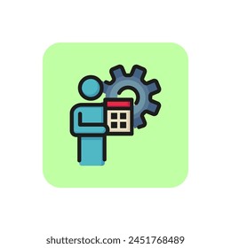 Man with calculator line icon. Gear, budget automation, accounting. Finance and accounting concept. Can be used for topics like money, accounting service, budget program.