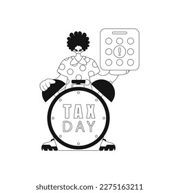 Man with calendar and clock, counting down to Tax Day. Linear vector illustration.