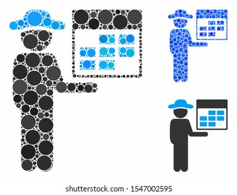 Man calendar composition of spheric dots in various sizes and color tints, based on man calendar icon. Vector dots are organized into blue composition.