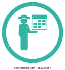 Man Calendar grainy textured icon inside circle for overlay watermark stamps. Flat symbol with unclean texture.