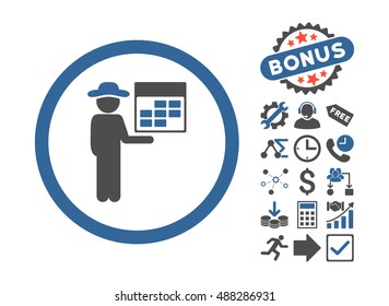 Man Calendar icon with bonus images. Vector illustration style is flat iconic bicolor symbols, cobalt and gray colors, white background.