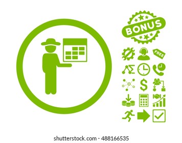 Man Calendar icon with bonus pictogram. Vector illustration style is flat iconic symbols, eco green color, white background.