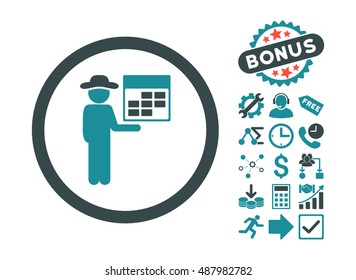 Man Calendar icon with bonus pictograph collection. Vector illustration style is flat iconic bicolor symbols, soft blue colors, white background.