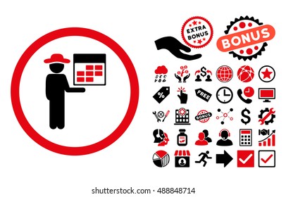 Man Calendar icon with bonus symbols. Vector illustration style is flat iconic bicolor symbols, intensive red and black colors, white background.