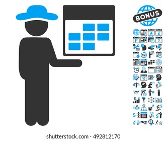 Man Calendar icon with bonus calendar and time management images. Vector illustration style is flat iconic bicolor symbols, blue and gray colors, white background.