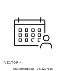 man with calendar icon, choose date, schedule manager, time management, thin line symbol isolated on white background, editable stroke eps 10 vector illustration.