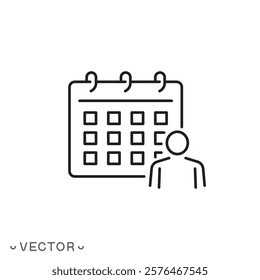 man with calendar icon, schedule manager, time management concept, choose date, thin line symbol concept isolated on white background, editable stroke eps 10 vector illustration