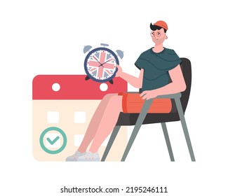 A man, a calendar with a marked date and a clock. The concept of teaching English. Isolated. trendy style. Vector illustration.
