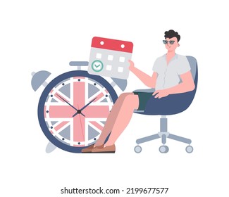 A man, a calendar with a marked date and a clock. The concept of learning English. Isolated. Trendy cartoon style. Vector.