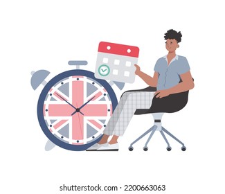 A man, a calendar with a marked date and a clock. The concept of learning English. Isolated. Flat modern style. Vector illustration.