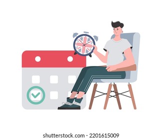 A man, a calendar with a marked date and a clock. The concept of teaching English. Isolated. trendy style. Vector.