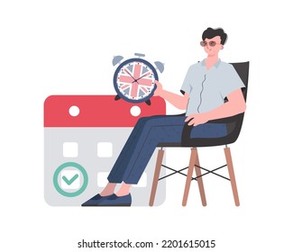 A man, a calendar with a marked date and a clock. The concept of learning English. Isolated. trendy style. Vector illustration.