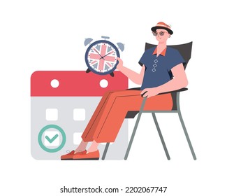 A man, a calendar with a marked date and a clock. The concept of learning English. Isolated. trendy style. Vector.