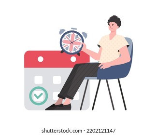 A man, a calendar with a marked date and a clock. The concept of learning English. Isolated. Trendy cartoon style. Vector illustration.