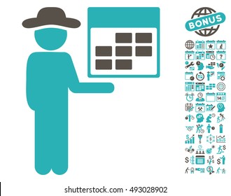 Man Calendar pictograph with bonus calendar and time management pictures. Vector illustration style is flat iconic bicolor symbols, grey and cyan colors, white background.