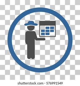 Man Calendar rounded icon. Vector bicolor illustration style is a flat iconic symbol inside a circle, cobalt and gray colors, transparent background. Designed for web and software interfaces.