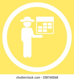Man Calendar vector icon. Style is flat rounded symbol, white color, rounded angles, yellow background.