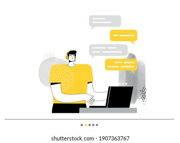 Ein Mann aus einem Call-Center kommuniziert auf einem Laptop in einem Chat mit einem Benutzer. Technische Unterstützung und Textnachrichten